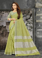 Shree Shyam Fashion Elegant Olive Green Woven Linen Saree with Contrast Zari Border & Tassels - Soft & Breathable Party Wear | Grocsy