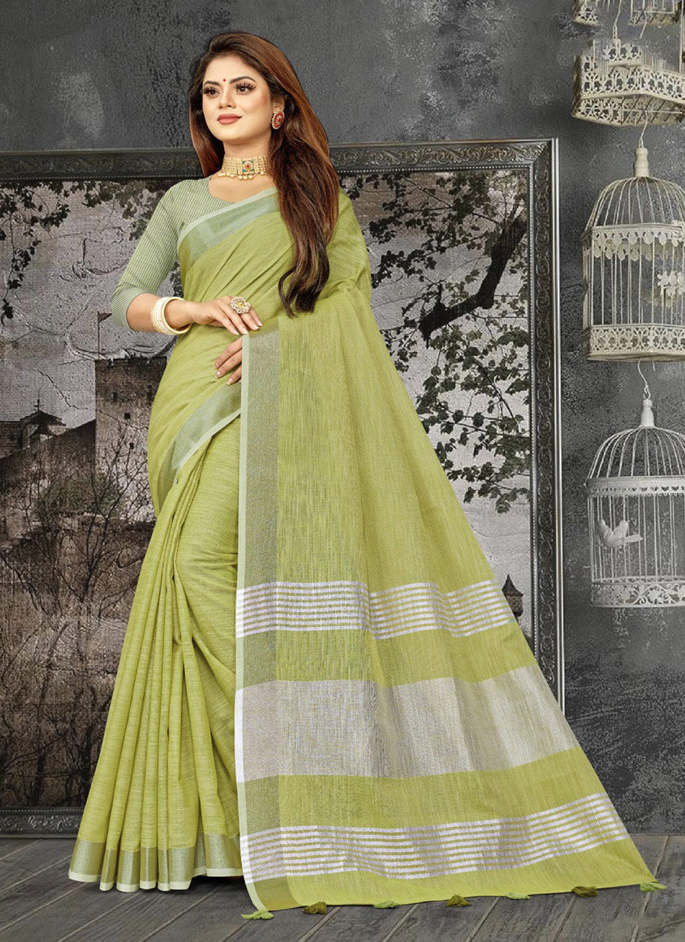 Shree Shyam Fashion Elegant Olive Green Woven Linen Saree with Contrast Zari Border & Tassels - Soft & Breathable Party Wear | Grocsy