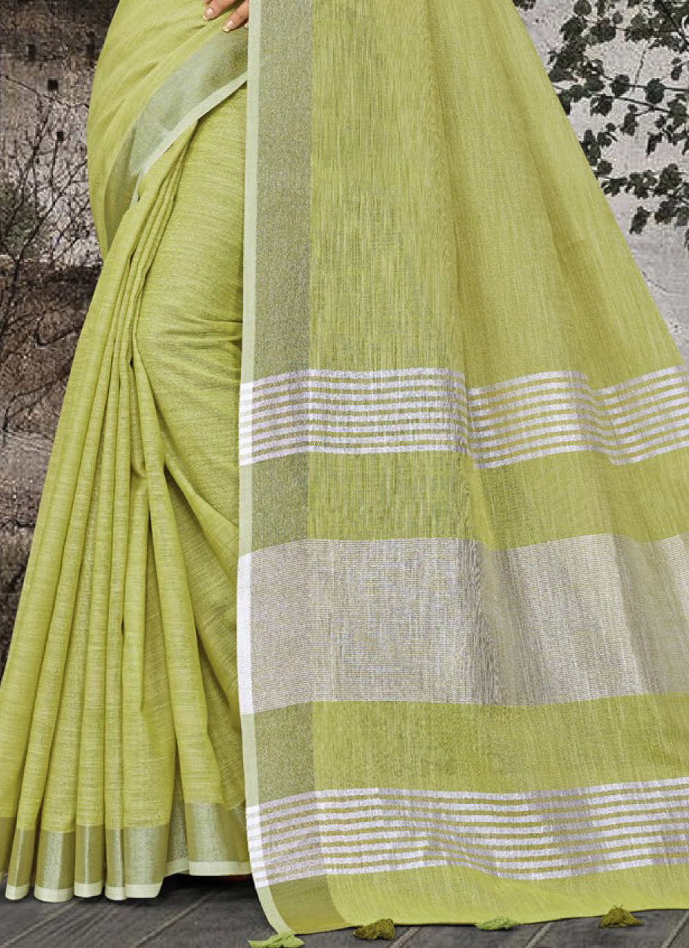 Shree Shyam Fashion Elegant Olive Green Woven Linen Saree with Contrast Zari Border & Tassels - Soft & Breathable Party Wear | Grocsy