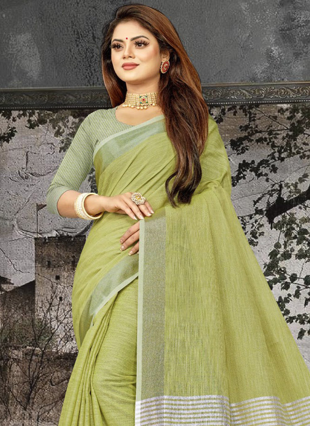 Shree Shyam Fashion Elegant Olive Green Woven Linen Saree with Contrast Zari Border & Tassels - Soft & Breathable Party Wear | Grocsy