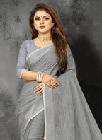 Shree Shyam Fashion Elegant Light Grey Woven Linen Saree with Contrast Zari Border & Tassels - Soft & Breathable Party Wear | Grocsy