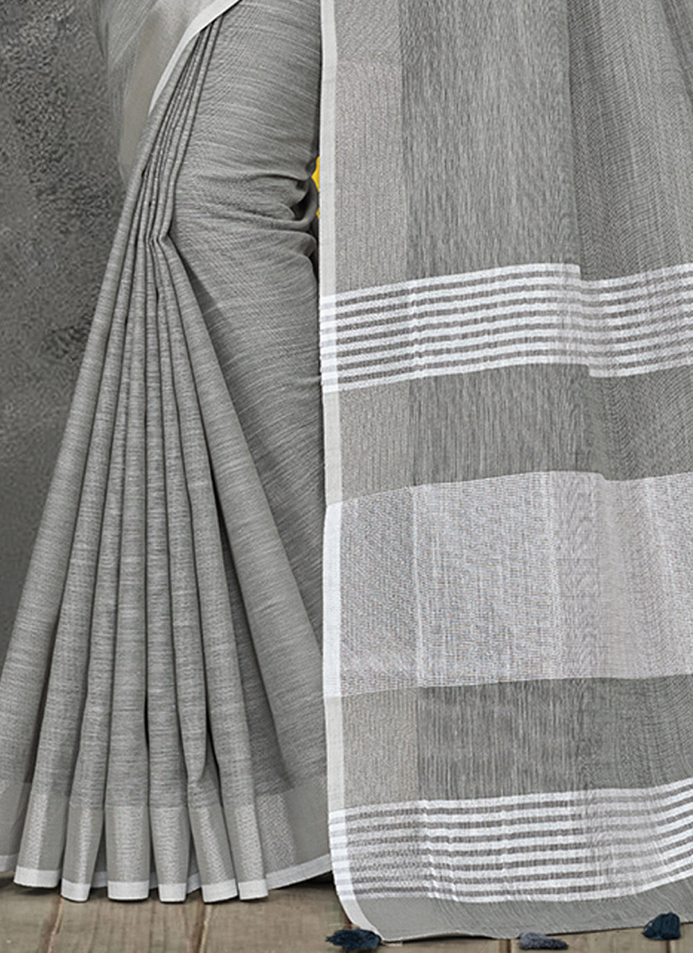 Shree Shyam Fashion Elegant Light Grey Woven Linen Saree with Contrast Zari Border & Tassels - Soft & Breathable Party Wear | Grocsy