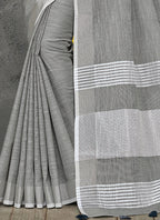 Shree Shyam Fashion Elegant Light Grey Woven Linen Saree with Contrast Zari Border & Tassels - Soft & Breathable Party Wear | Grocsy