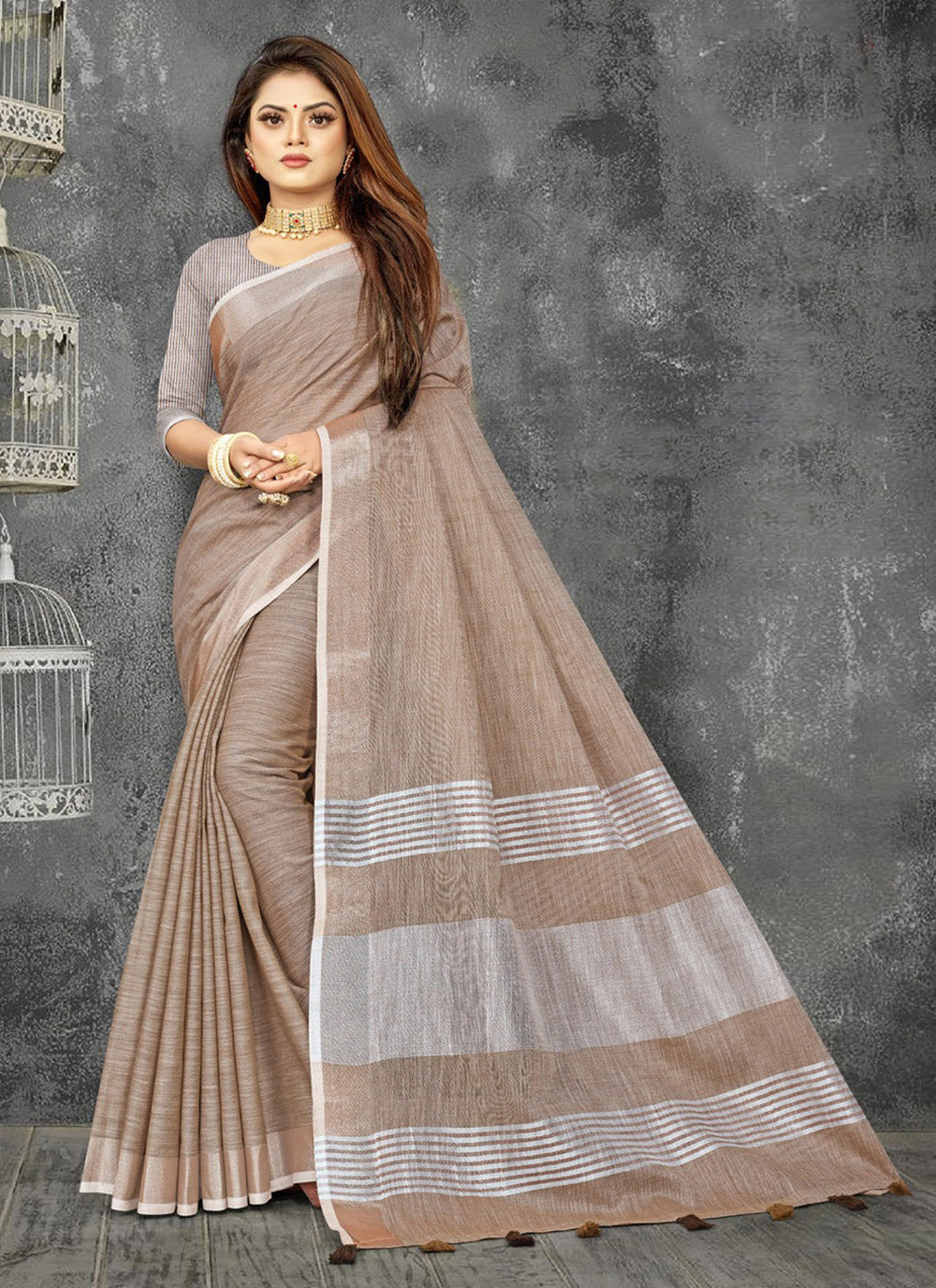 Shree Shyam Fashion Elegant Beige Woven Linen Saree with Contrast Zari Border & Tassels - Soft & Breathable Party Wear | Grocsy