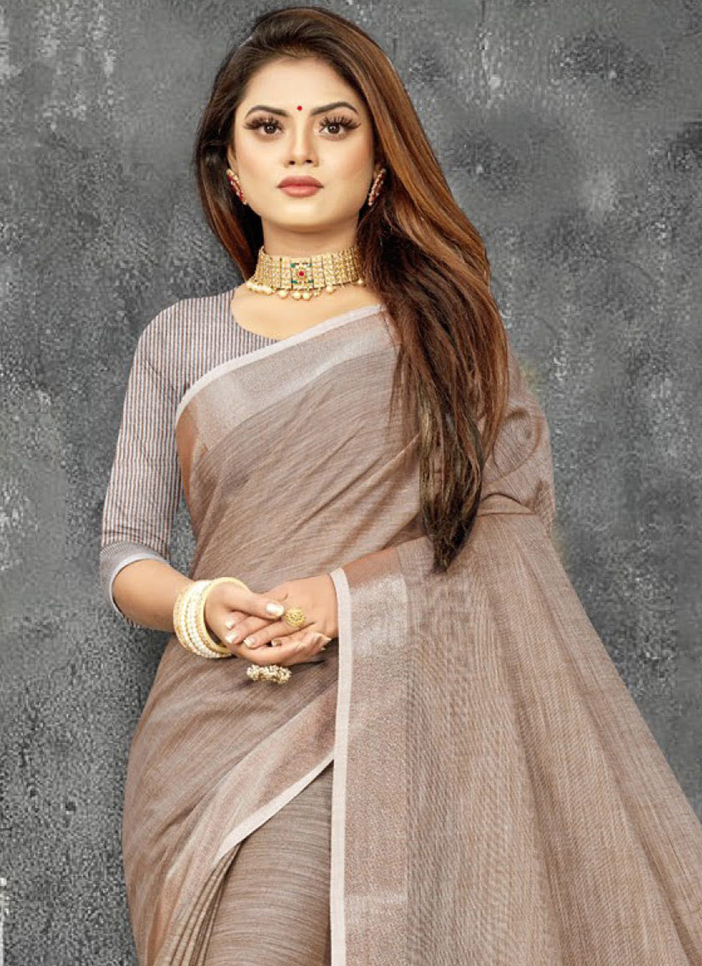 Shree Shyam Fashion Elegant Beige Woven Linen Saree with Contrast Zari Border & Tassels - Soft & Breathable Party Wear | Grocsy