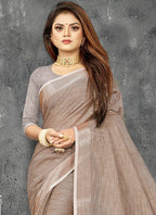 Shree Shyam Fashion Elegant Beige Woven Linen Saree with Contrast Zari Border & Tassels - Soft & Breathable Party Wear | Grocsy