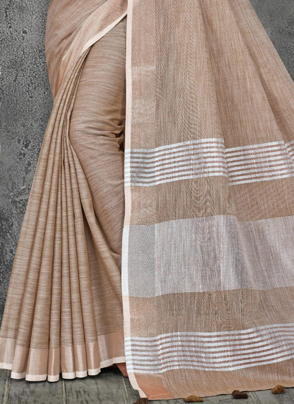 Shree Shyam Fashion Elegant Beige Woven Linen Saree with Contrast Zari Border & Tassels - Soft & Breathable Party Wear | Grocsy