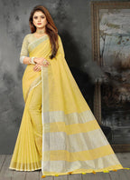 Shree Shyam Fashion Elegant Yellow Woven Linen Saree with Contrast Zari Border & Tassels - Soft & Breathable Party Wear | Grocsy
