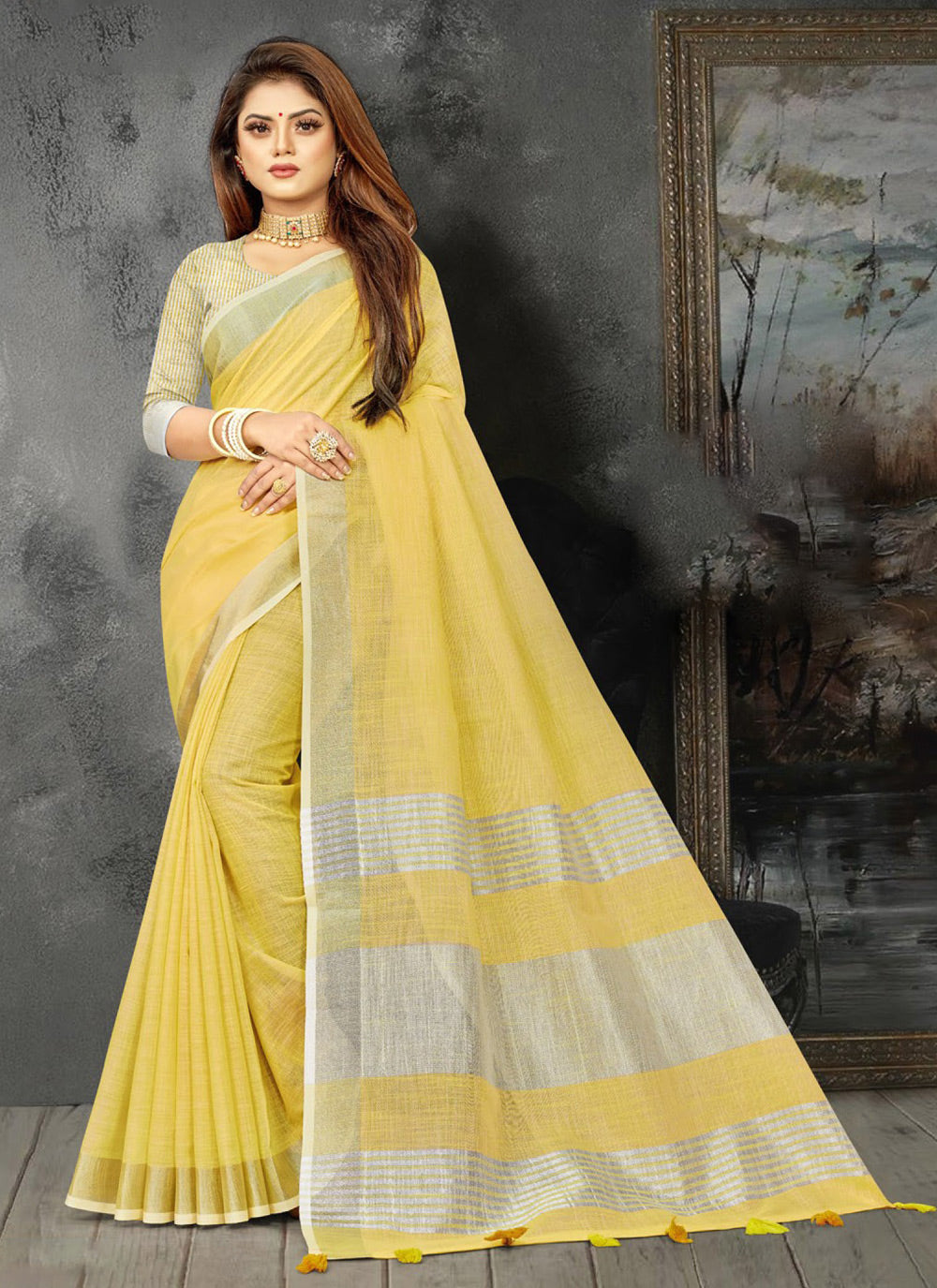 Shree Shyam Fashion Elegant Yellow Woven Linen Saree with Contrast Zari Border & Tassels - Soft & Breathable Party Wear | Grocsy