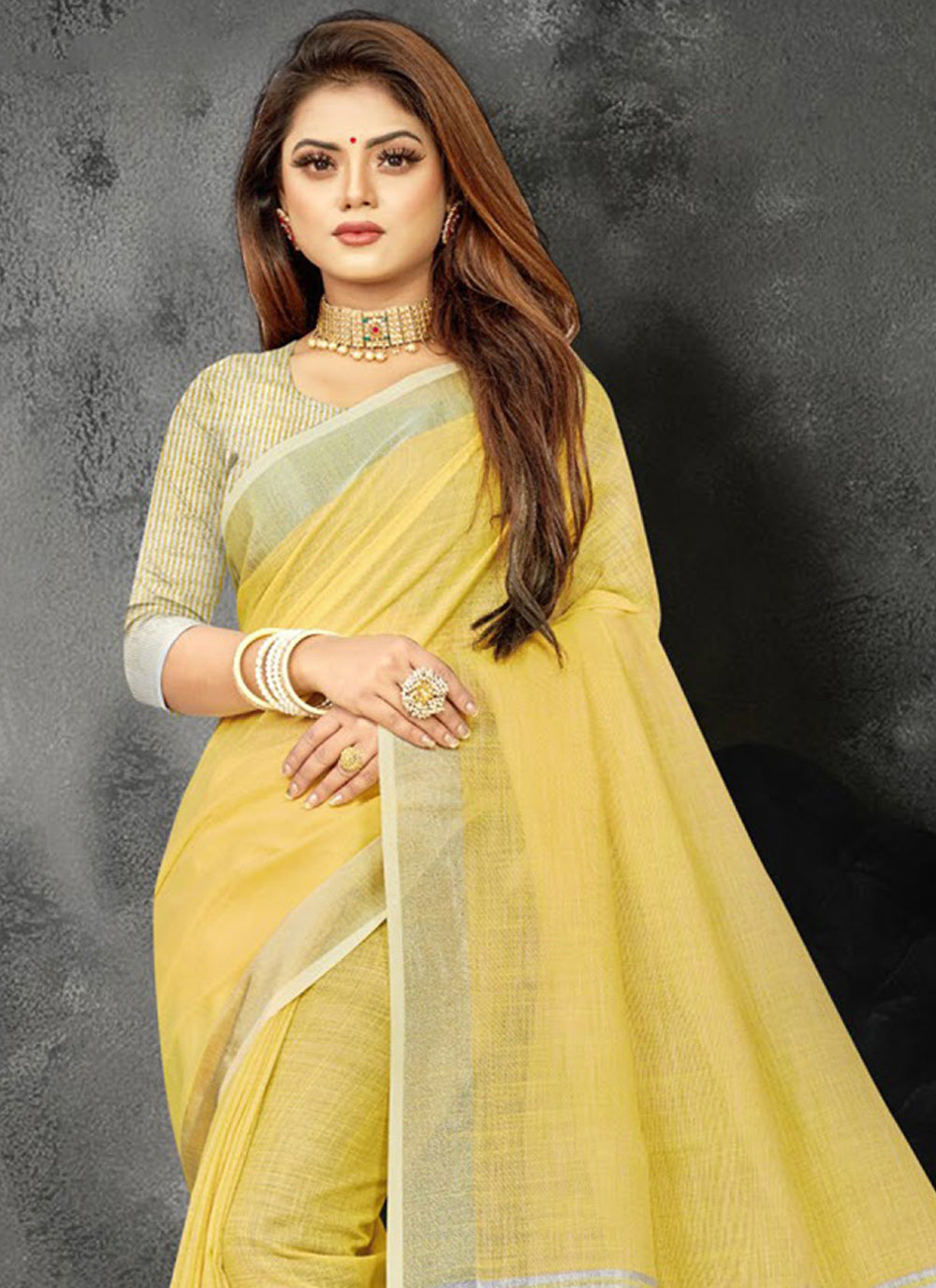Shree Shyam Fashion Elegant Yellow Woven Linen Saree with Contrast Zari Border & Tassels - Soft & Breathable Party Wear | Grocsy