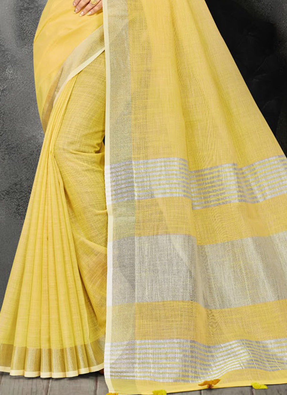 Shree Shyam Fashion Elegant Yellow Woven Linen Saree with Contrast Zari Border & Tassels - Soft & Breathable Party Wear | Grocsy