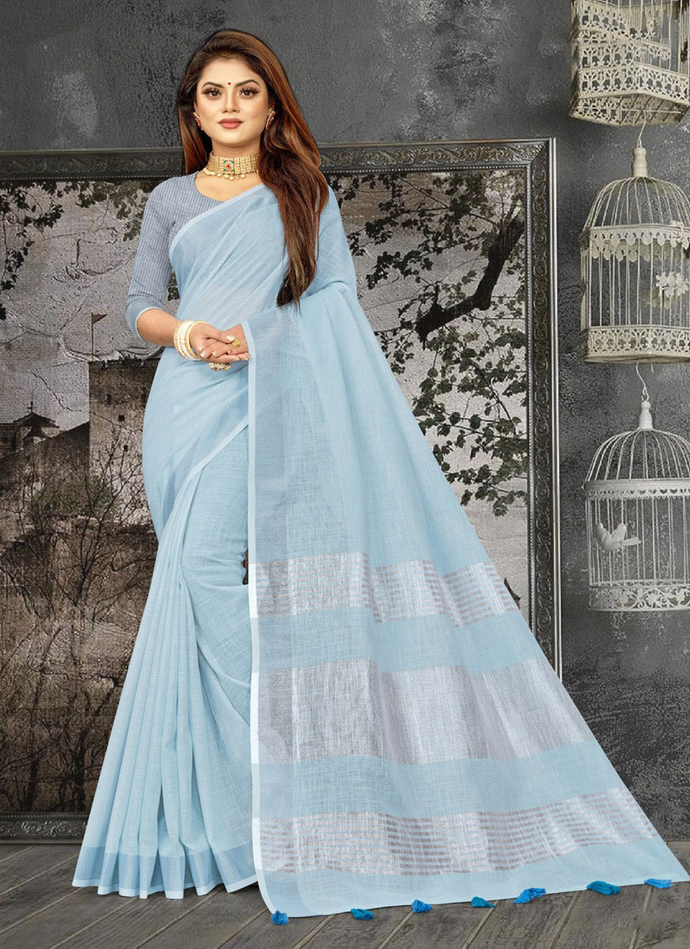 Shree Shyam Fashion Elegant Sky Blue Woven Linen Saree with Contrast Zari Border & Tassels - Soft & Breathable Party Wear | Grocsy
