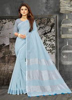 Shree Shyam Fashion Elegant Sky Blue Woven Linen Saree with Contrast Zari Border & Tassels - Soft & Breathable Party Wear | Grocsy