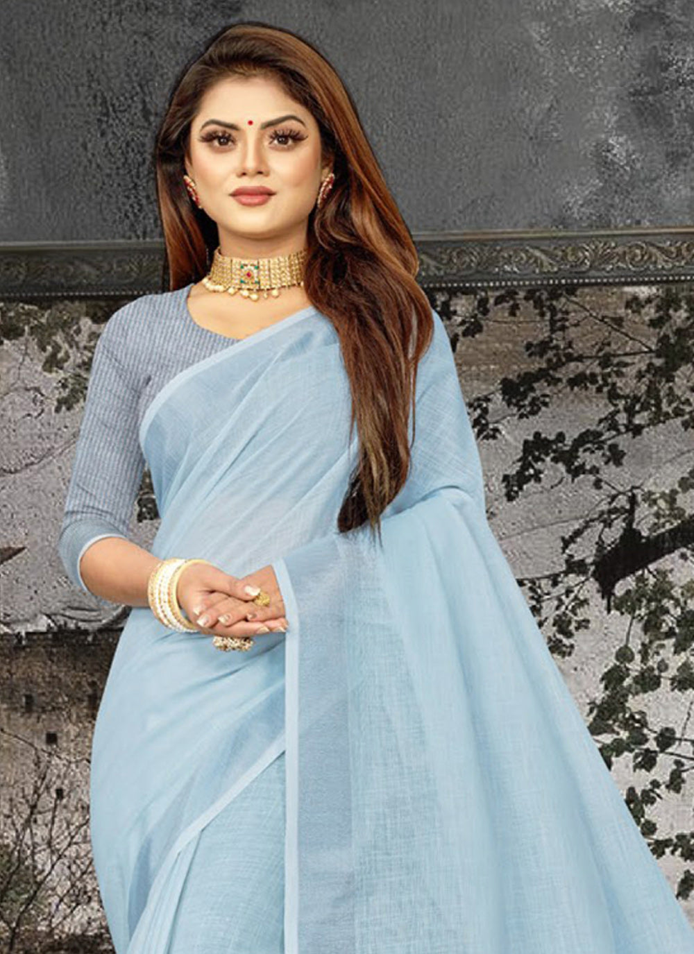 Shree Shyam Fashion Elegant Sky Blue Woven Linen Saree with Contrast Zari Border & Tassels - Soft & Breathable Party Wear | Grocsy