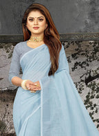 Shree Shyam Fashion Elegant Sky Blue Woven Linen Saree with Contrast Zari Border & Tassels - Soft & Breathable Party Wear | Grocsy