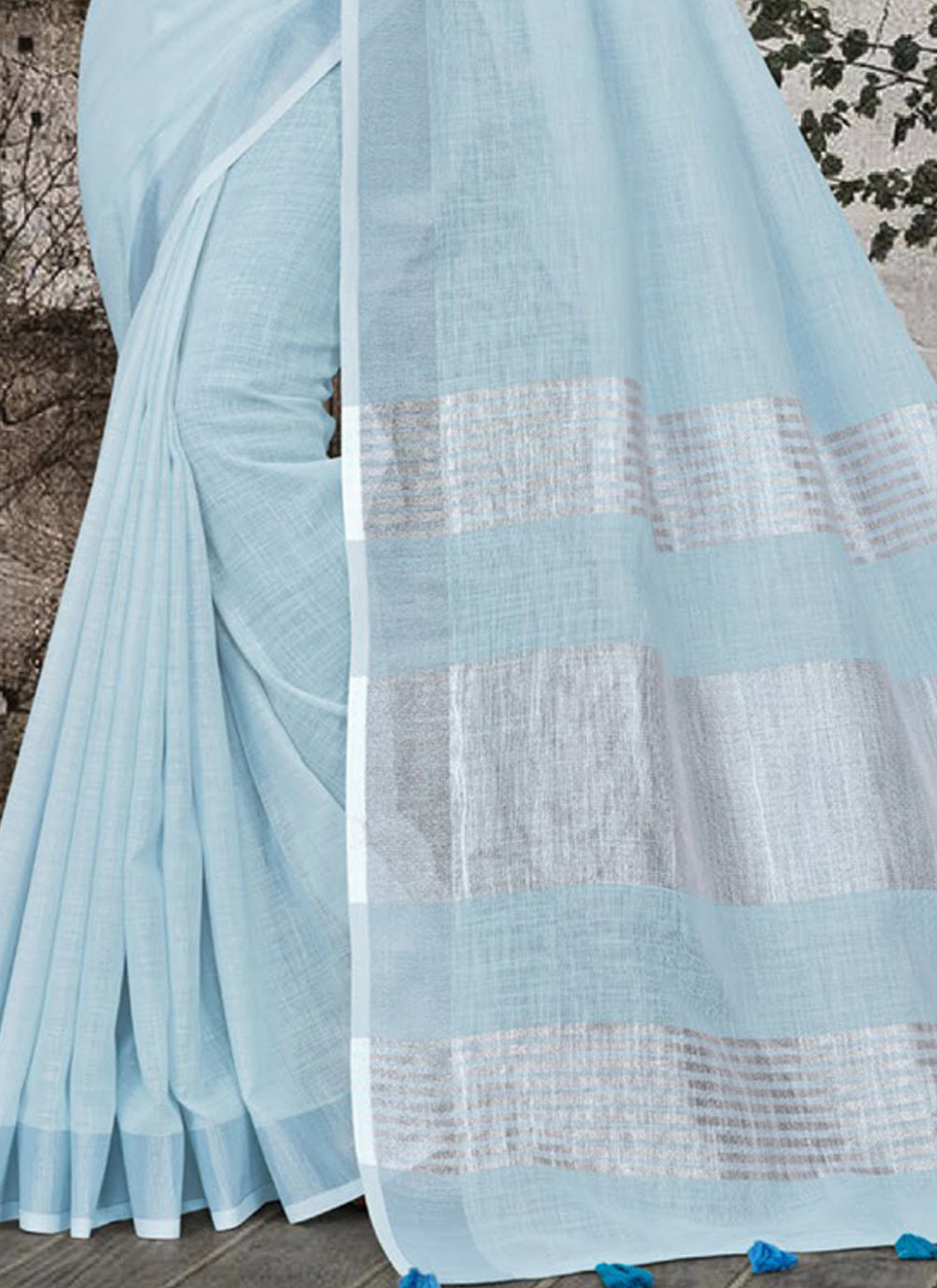 Shree Shyam Fashion Elegant Sky Blue Woven Linen Saree with Contrast Zari Border & Tassels - Soft & Breathable Party Wear | Grocsy