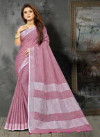 Shree Shyam Fashion Elegant Mauve Woven Linen Saree with Contrast Zari Border & Tassels - Soft & Breathable Party Wear | Grocsy