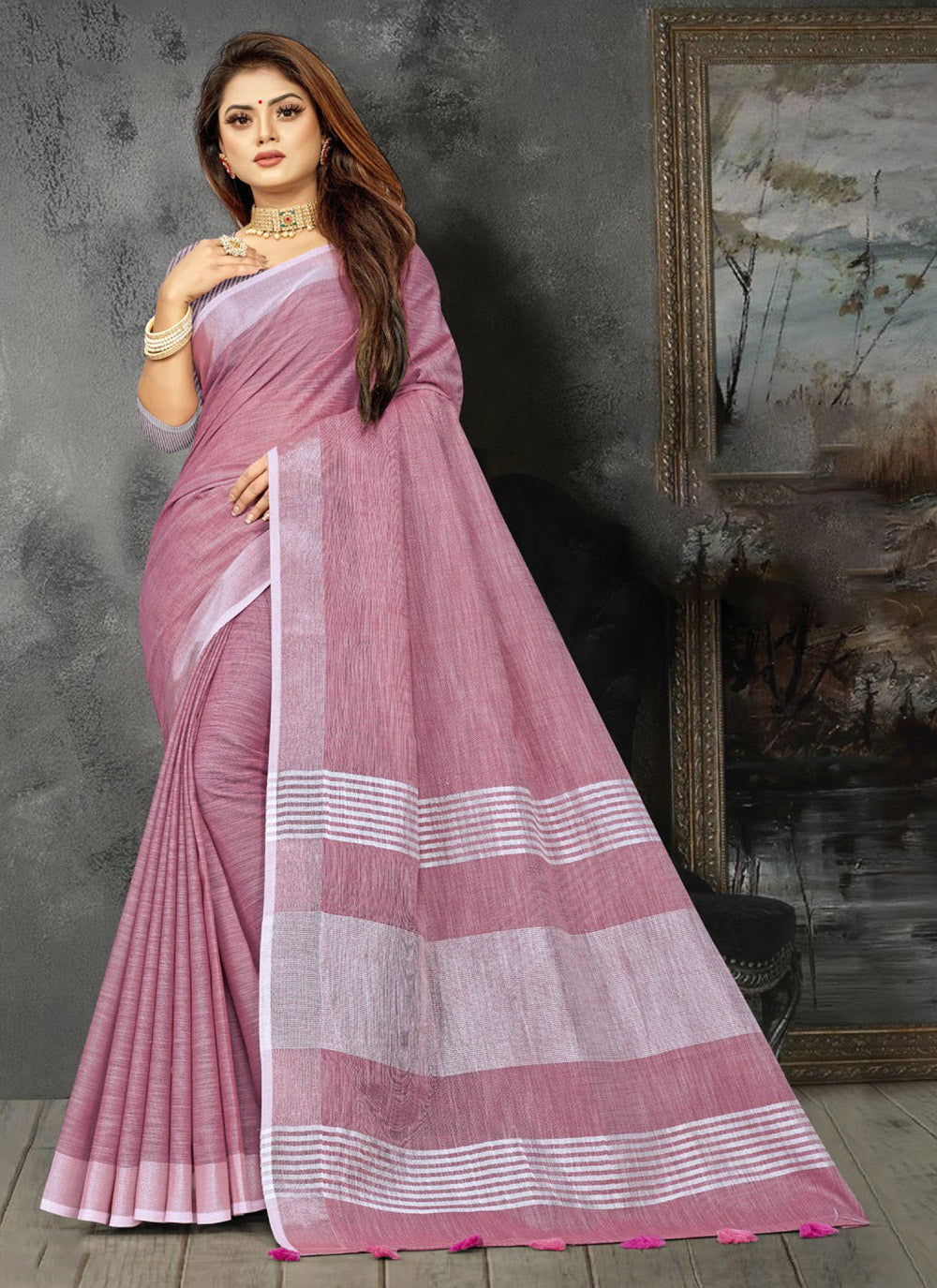 Shree Shyam Fashion Elegant Mauve Woven Linen Saree with Contrast Zari Border & Tassels - Soft & Breathable Party Wear | Grocsy
