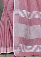 Shree Shyam Fashion Elegant Mauve Woven Linen Saree with Contrast Zari Border & Tassels - Soft & Breathable Party Wear | Grocsy