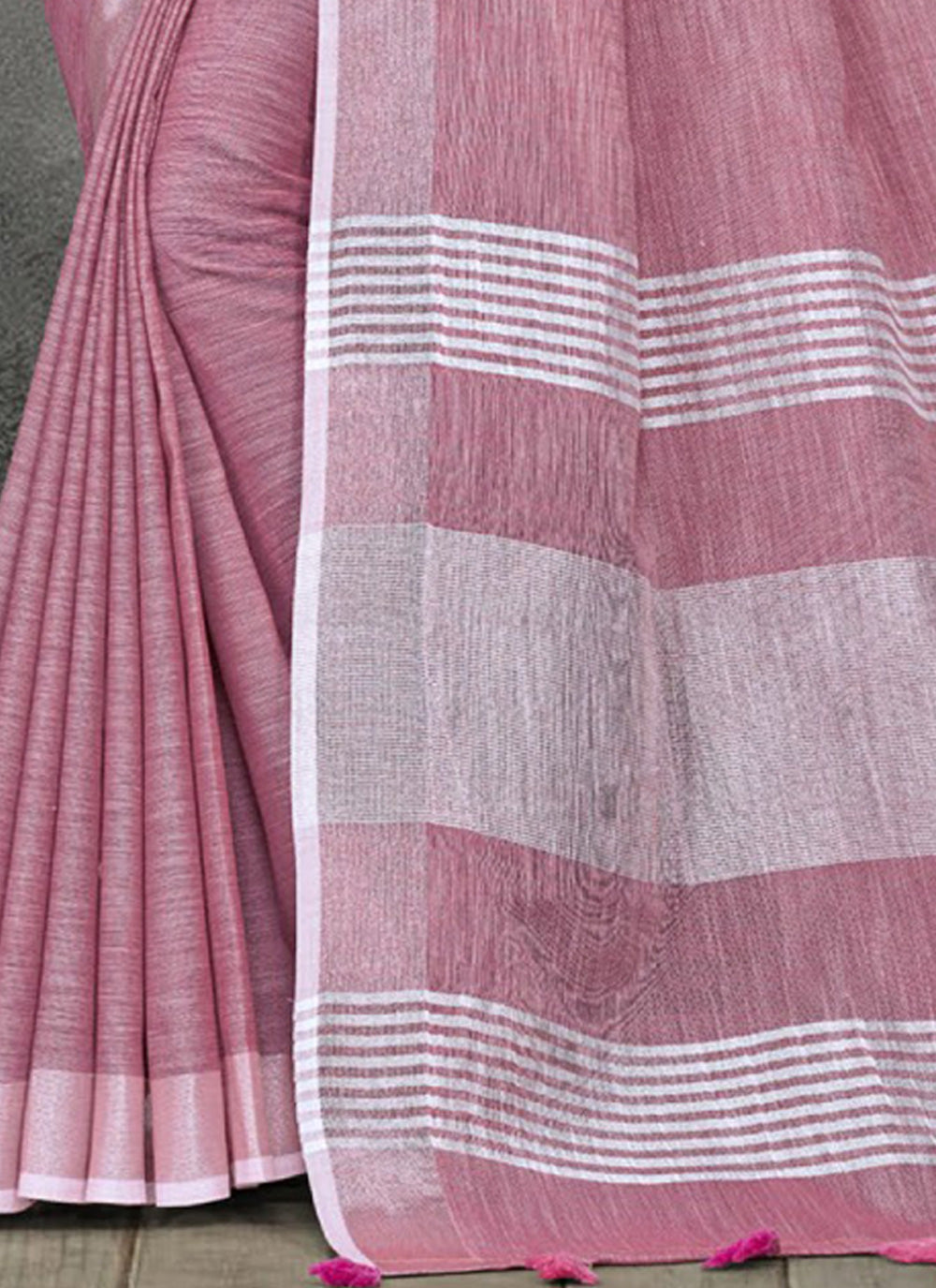 Shree Shyam Fashion Elegant Mauve Woven Linen Saree with Contrast Zari Border & Tassels - Soft & Breathable Party Wear | Grocsy