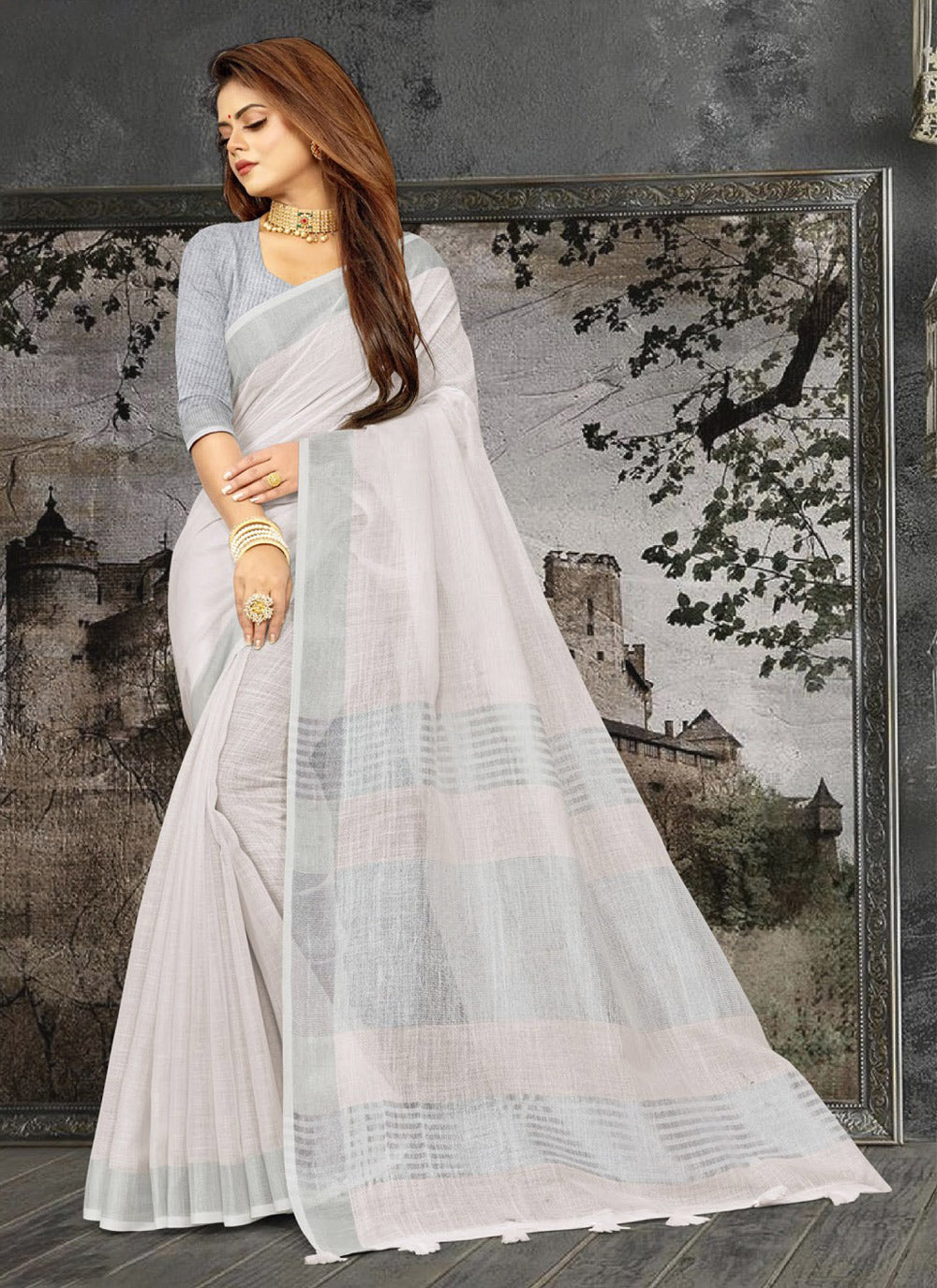 Shree Shyam Fashion Elegant White Woven Linen Saree with Contrast Zari Border & Tassels - Soft & Breathable Party Wear | Grocsy