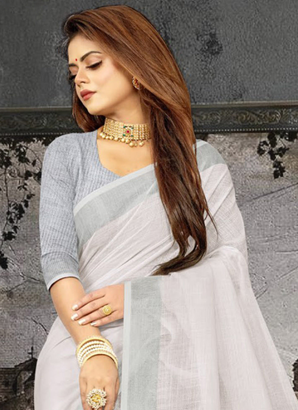 Shree Shyam Fashion Elegant White Woven Linen Saree with Contrast Zari Border & Tassels - Soft & Breathable Party Wear | Grocsy
