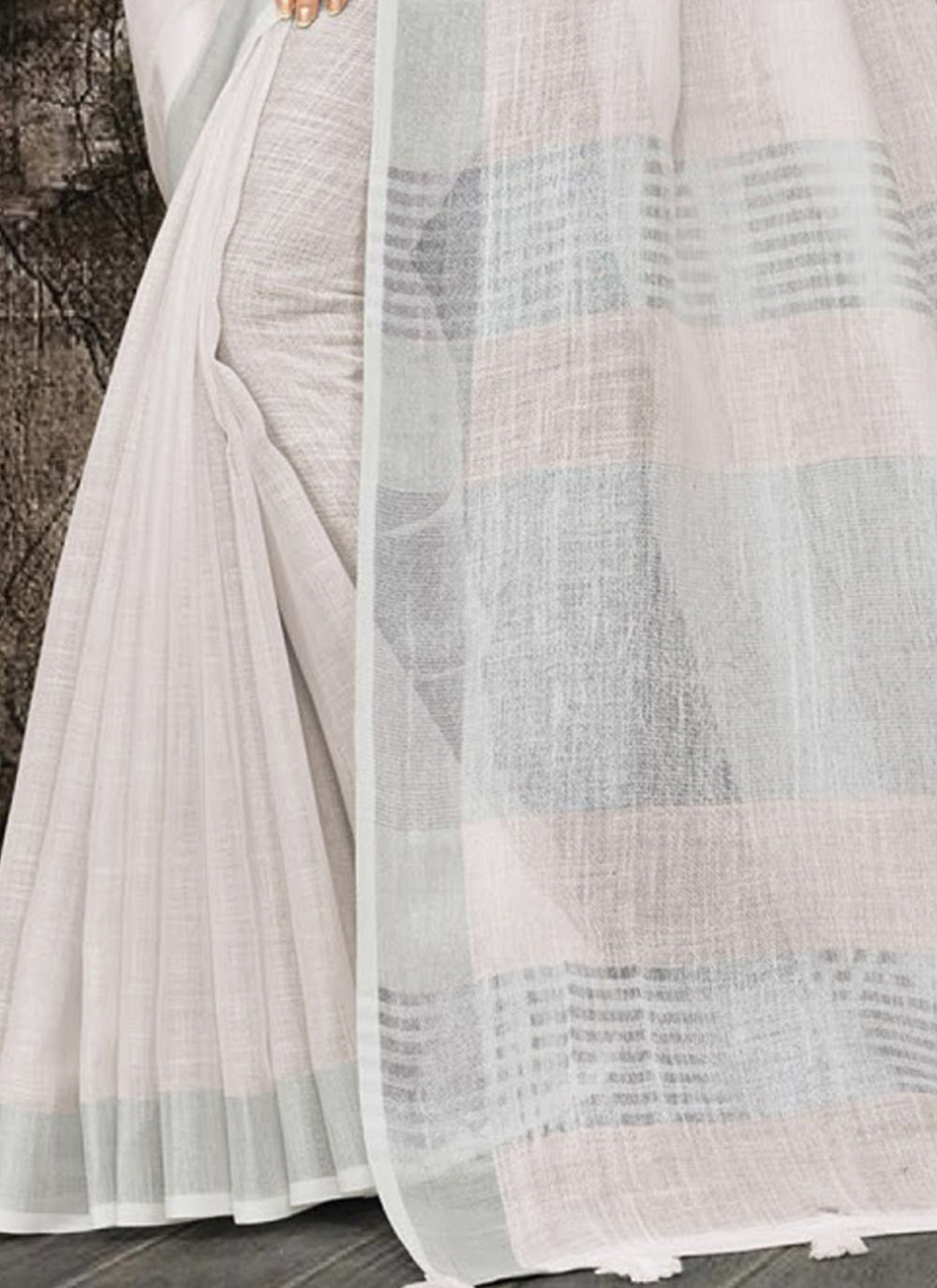 Shree Shyam Fashion Elegant White Woven Linen Saree with Contrast Zari Border & Tassels - Soft & Breathable Party Wear | Grocsy
