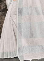 Shree Shyam Fashion Elegant White Woven Linen Saree with Contrast Zari Border & Tassels - Soft & Breathable Party Wear | Grocsy