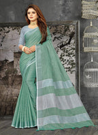 Shree Shyam Fashion Elegant Sea Green Woven Linen Saree with Contrast Zari Border & Tassels - Soft & Breathable Party Wear | Grocsy