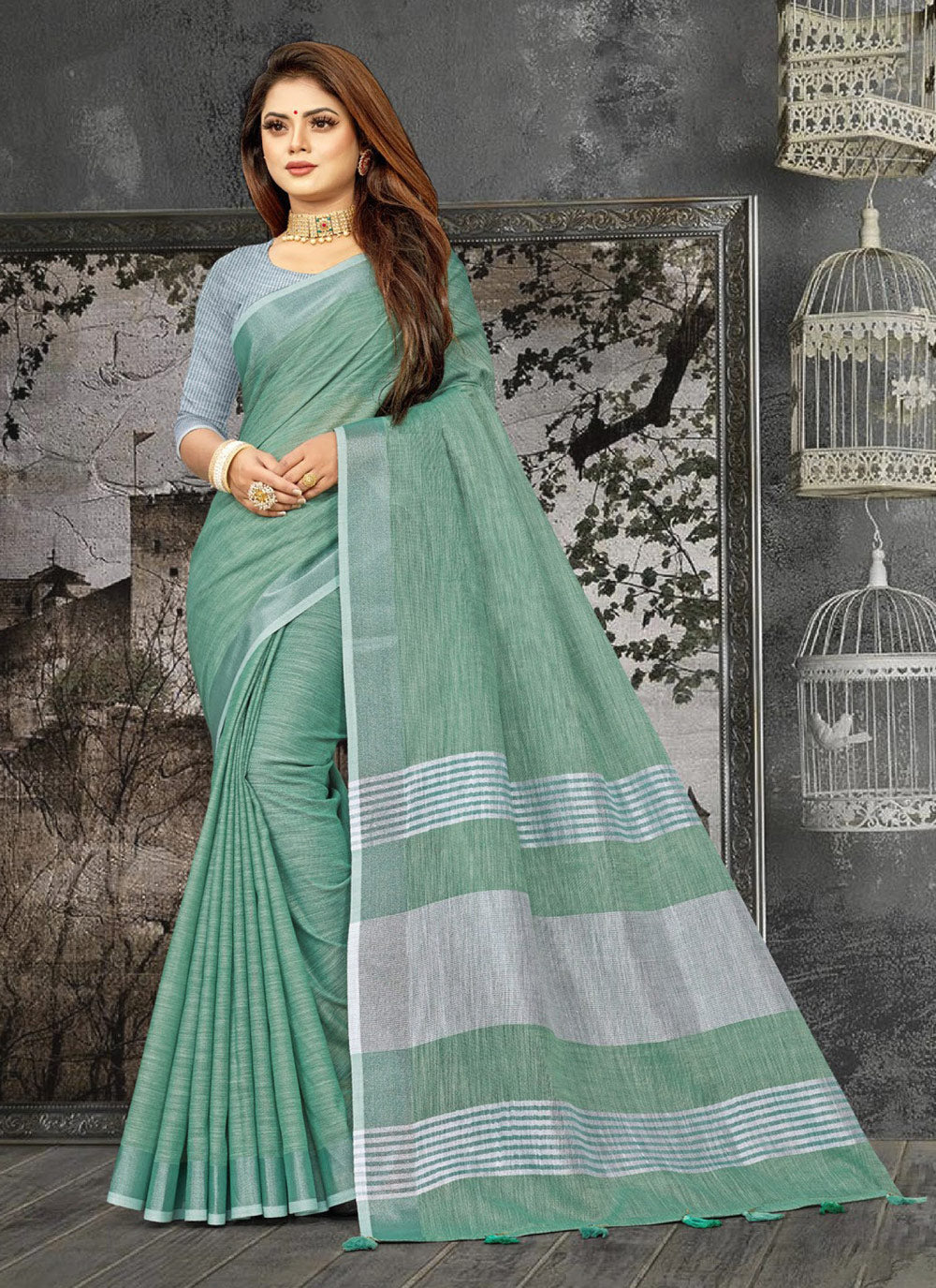 Shree Shyam Fashion Elegant Sea Green Woven Linen Saree with Contrast Zari Border & Tassels - Soft & Breathable Party Wear | Grocsy
