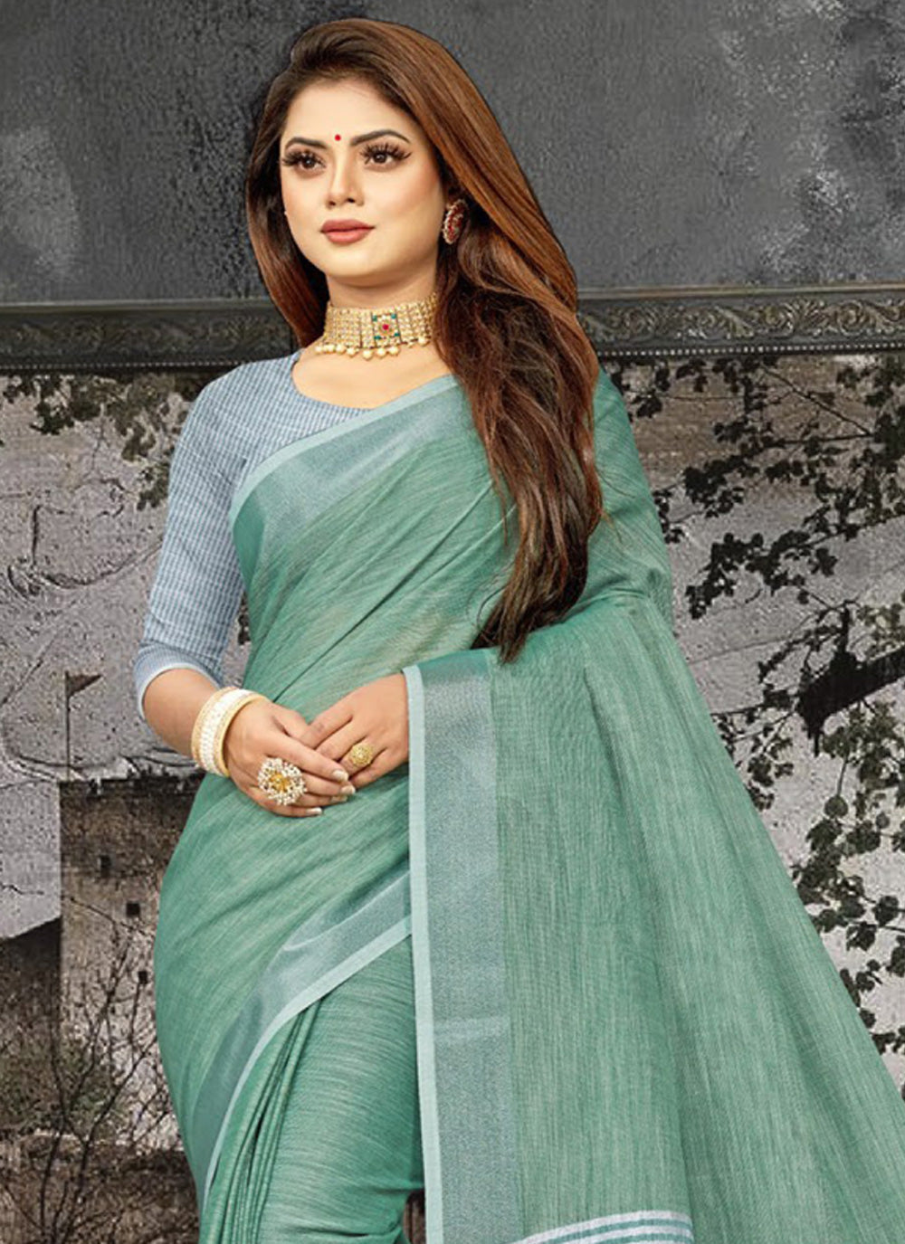 Shree Shyam Fashion Elegant Sea Green Woven Linen Saree with Contrast Zari Border & Tassels - Soft & Breathable Party Wear | Grocsy