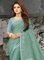 Shree Shyam Fashion Elegant Sea Green Woven Linen Saree with Contrast Zari Border & Tassels - Soft & Breathable Party Wear | Grocsy