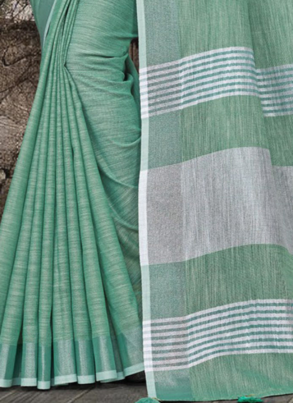 Shree Shyam Fashion Elegant Sea Green Woven Linen Saree with Contrast Zari Border & Tassels - Soft & Breathable Party Wear | Grocsy