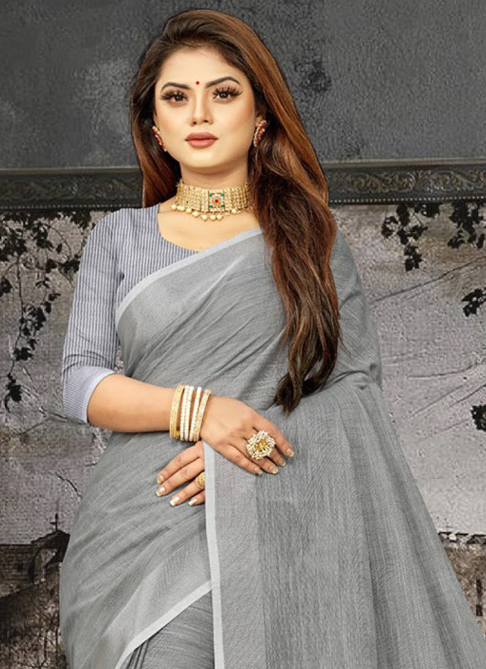 Shree Shyam Fashion Elegant Dark Grey Woven Linen Saree with Contrast Zari Border & Tassels - Soft & Breathable Party Wear | Grocsy