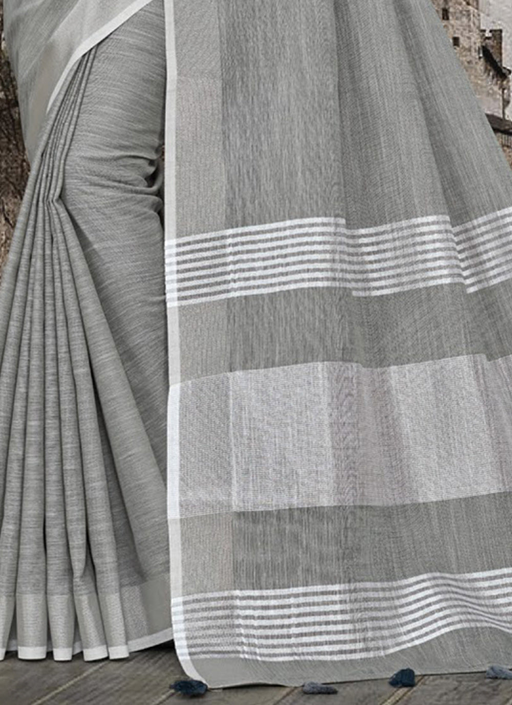 Shree Shyam Fashion Elegant Dark Grey Woven Linen Saree with Contrast Zari Border & Tassels - Soft & Breathable Party Wear | Grocsy