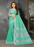 Shree Shyam Fashion Elegant Turquoise Woven Linen Saree with Contrast Zari Border & Tassels - Soft & Breathable Party Wear | Grocsy