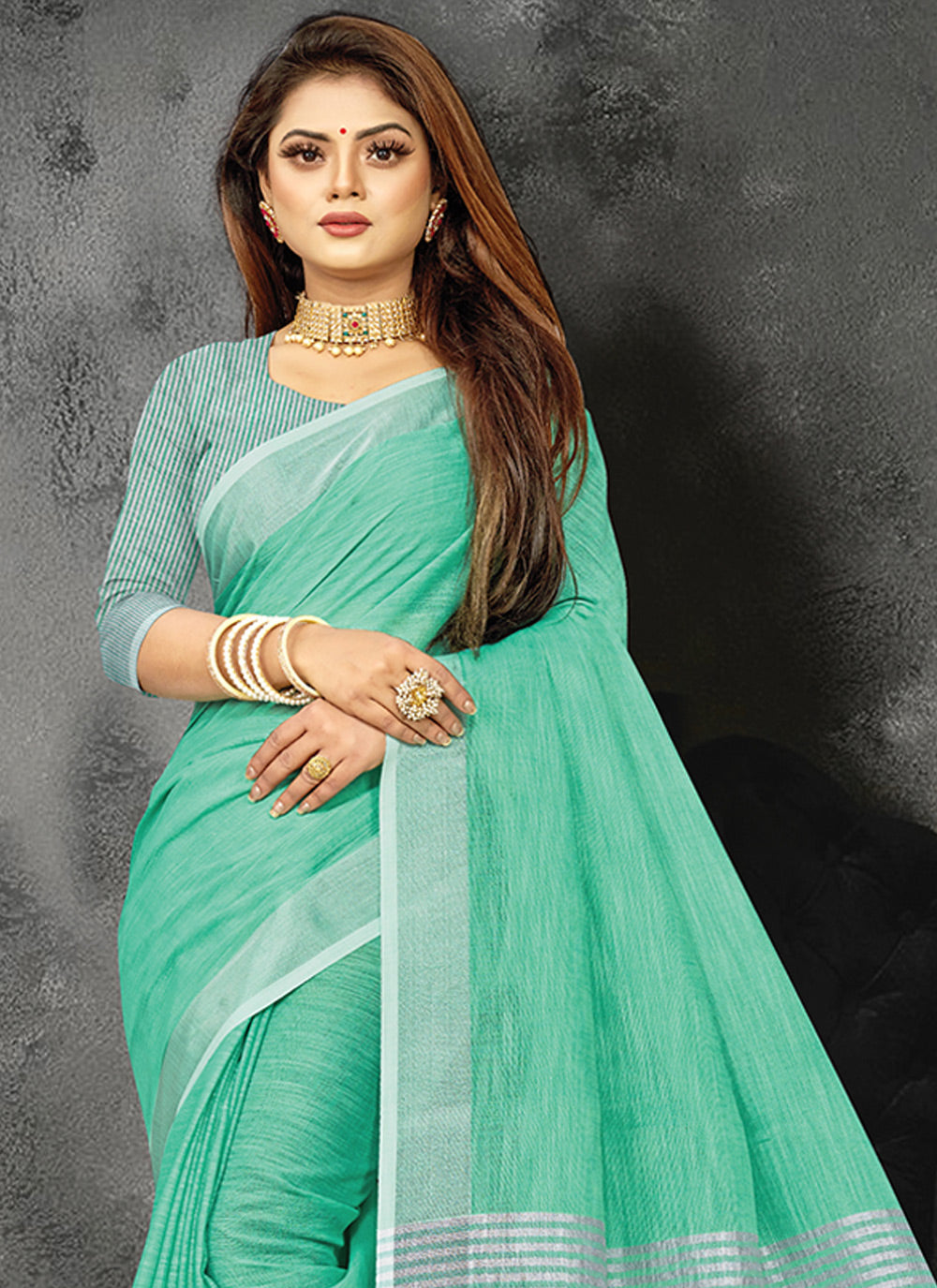 Shree Shyam Fashion Elegant Turquoise Woven Linen Saree with Contrast Zari Border & Tassels - Soft & Breathable Party Wear | Grocsy