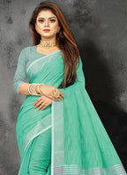 Shree Shyam Fashion Elegant Turquoise Woven Linen Saree with Contrast Zari Border & Tassels - Soft & Breathable Party Wear | Grocsy