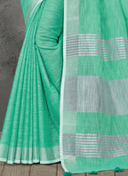 Shree Shyam Fashion Elegant Turquoise Woven Linen Saree with Contrast Zari Border & Tassels - Soft & Breathable Party Wear | Grocsy