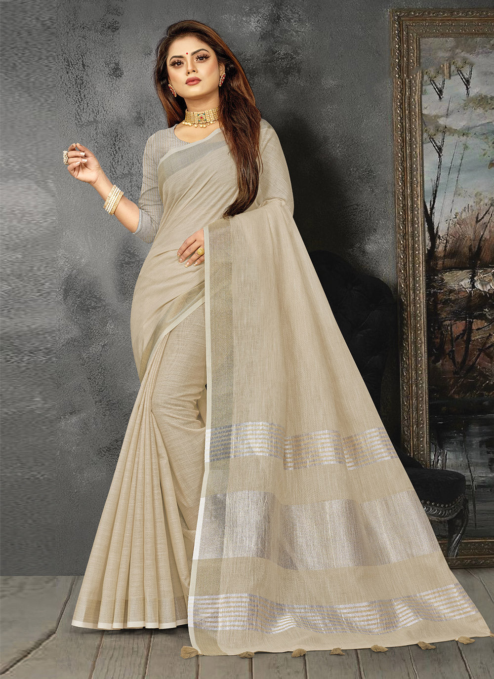 Shree Shyam Fashion Elegant Cream Woven Linen Saree with Contrast Zari Border & Tassels - Soft & Breathable Party Wear | Grocsy