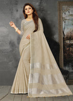 Shree Shyam Fashion Elegant Cream Woven Linen Saree with Contrast Zari Border & Tassels - Soft & Breathable Party Wear | Grocsy