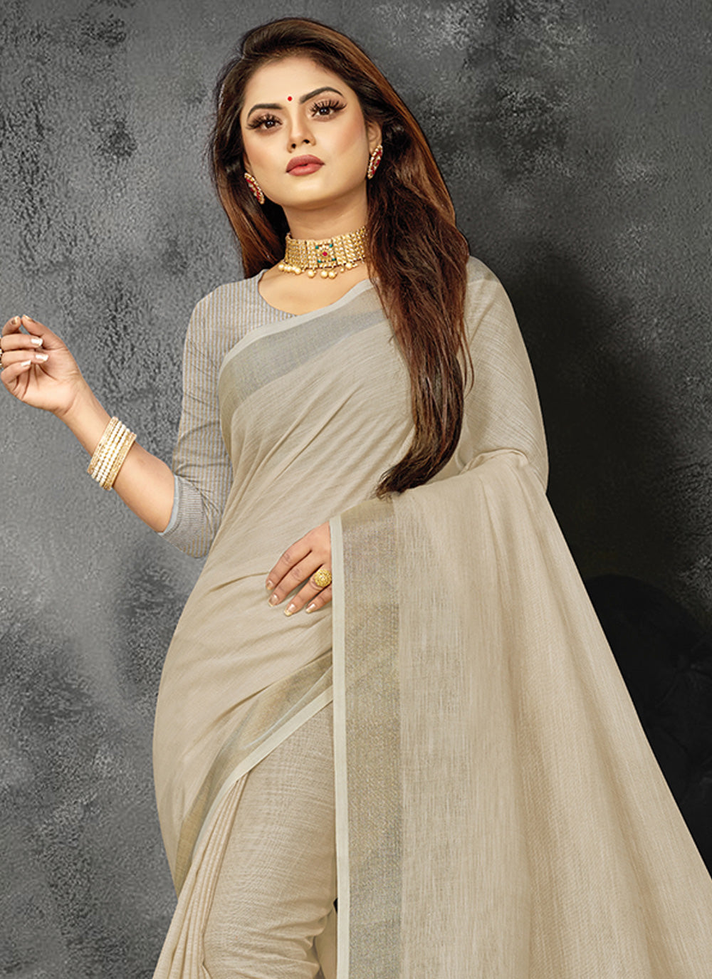 Shree Shyam Fashion Elegant Cream Woven Linen Saree with Contrast Zari Border & Tassels - Soft & Breathable Party Wear | Grocsy