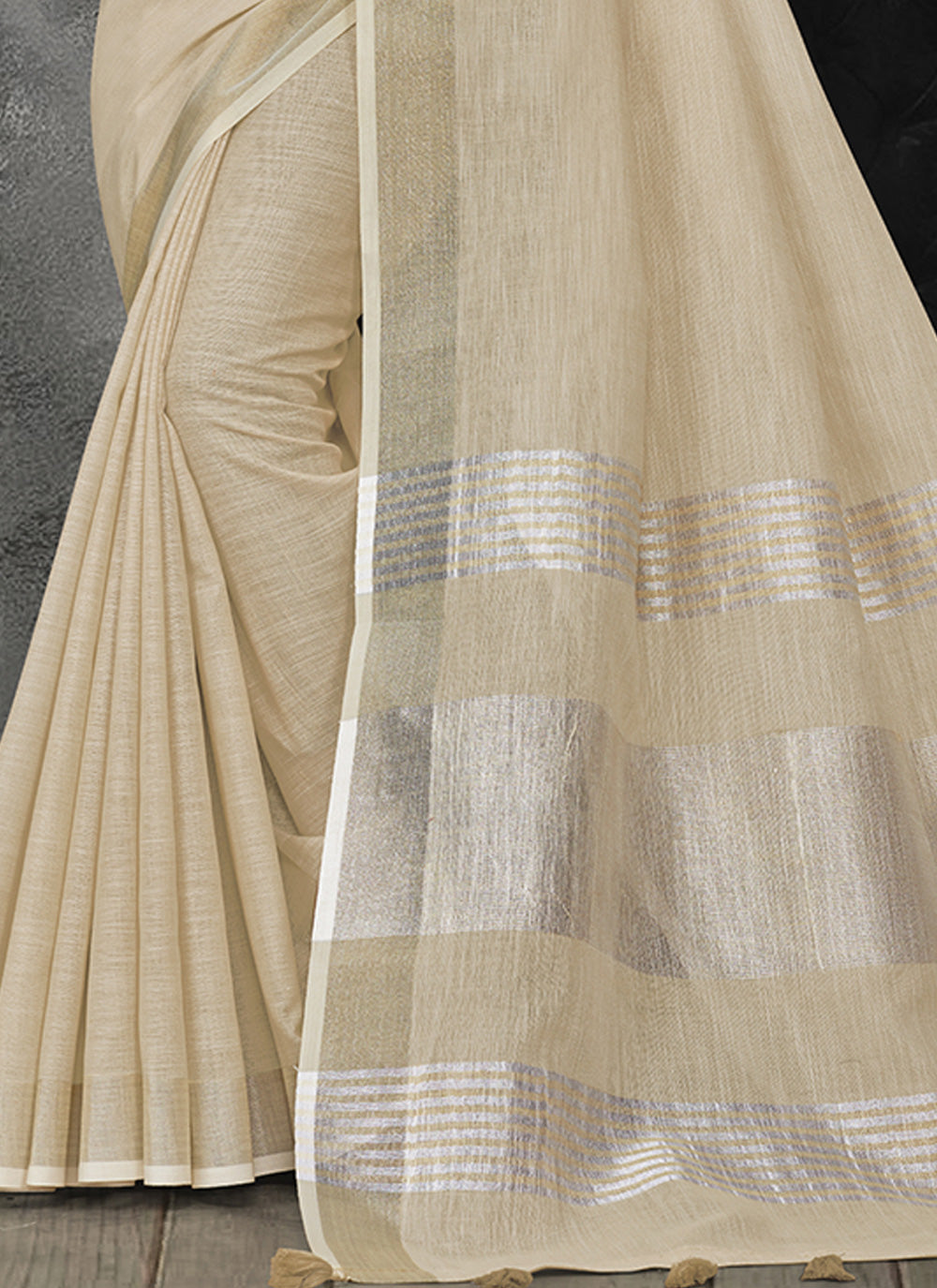 Shree Shyam Fashion Elegant Cream Woven Linen Saree with Contrast Zari Border & Tassels - Soft & Breathable Party Wear | Grocsy