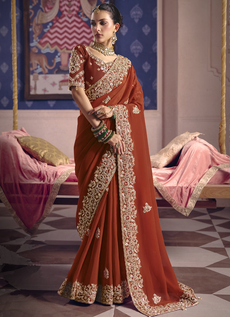 Vegaa Fashion Red Silk Embroidered Wedding Wear Saree | Grocsy