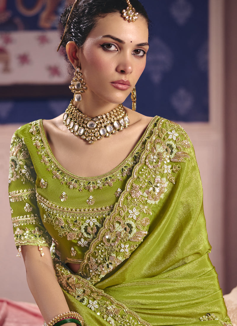Vegaa Fashion Parrot_Green Silk Embroidered Wedding Wear Saree | Grocsy