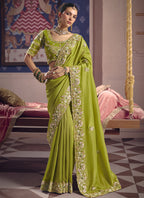 Vegaa Fashion Parrot_Green Silk Embroidered Wedding Wear Saree | Grocsy
