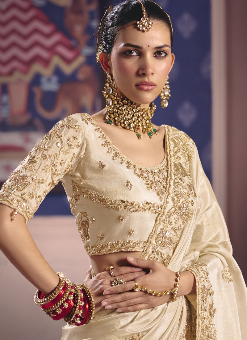 Vegaa Fashion Cream Silk Embroidered Wedding Wear Saree | Grocsy