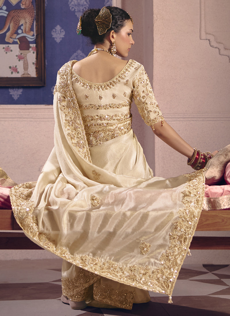 Vegaa Fashion Cream Silk Embroidered Wedding Wear Saree | Grocsy
