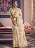 Vegaa Fashion Cream Silk Embroidered Wedding Wear Saree | Grocsy
