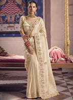 Vegaa Fashion Cream Silk Embroidered Wedding Wear Saree | Grocsy